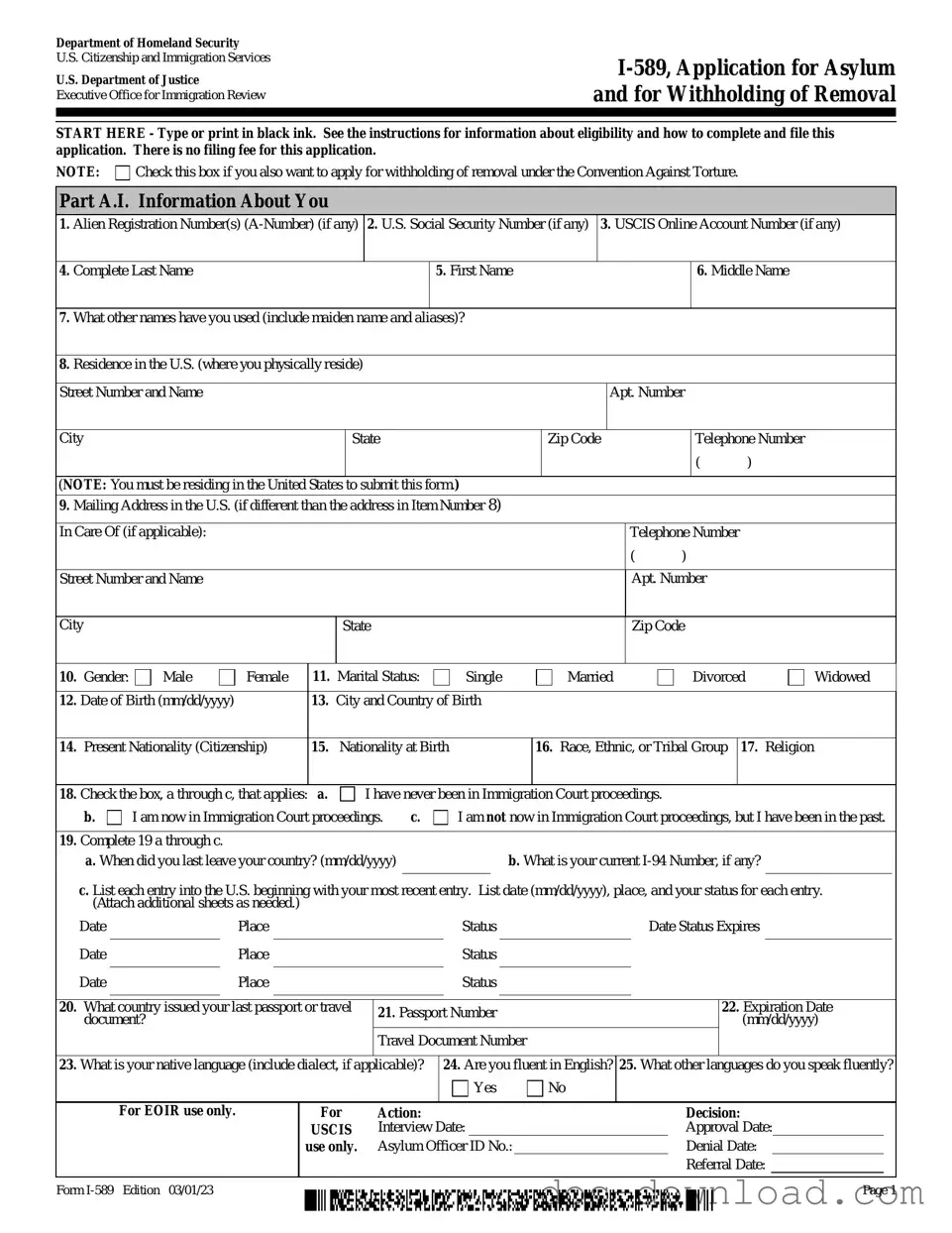 Fill Out Your USCIS I-589 Template