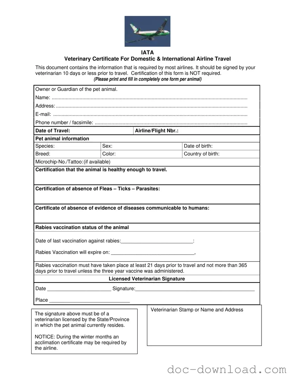 Fill Out Your Veterinary Certificate Travel Template